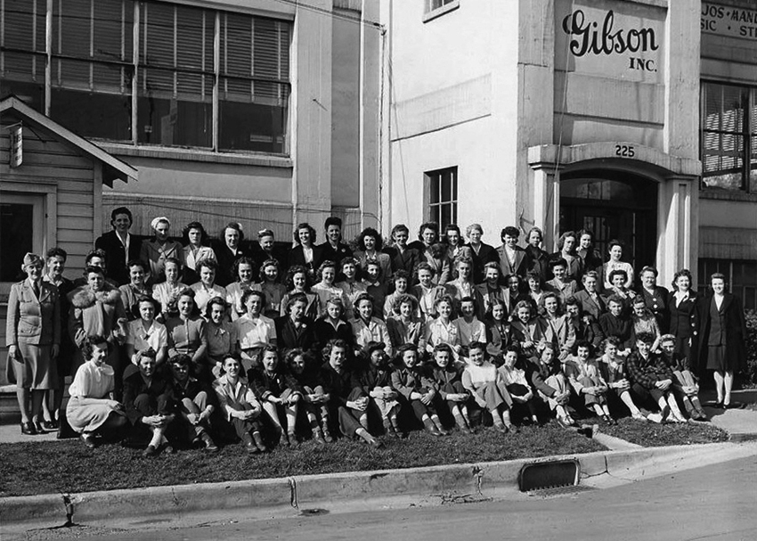 The Kalamazoo girls in front of the Gibson factory in Kalamazoo, MI circa 1944.