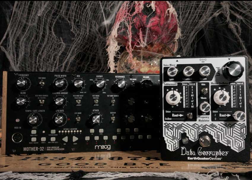Moog Mother-32 analog synthesizer and EarthQuaker Devices Data Corrupter effects pedal