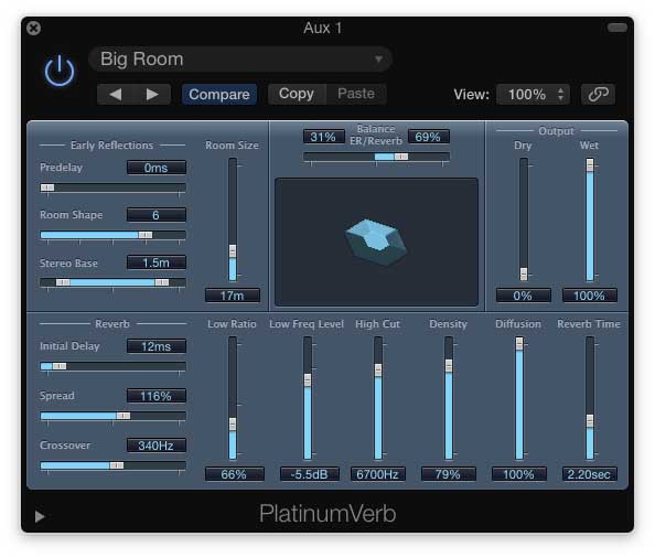 Using Logic X Pro's Platinum Reverb plugin, I created a big sounding space.