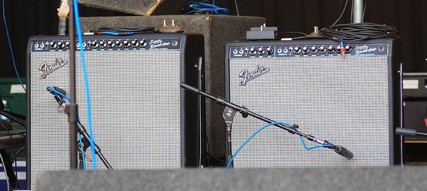 A pair of Fender Super Reverbs mic'd onstage at a show by The Animals
