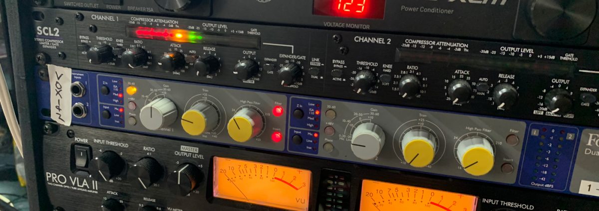 Focusrite ISA Two preamp with ART SCL2 compressor used to duck during zZounds' livestreams.