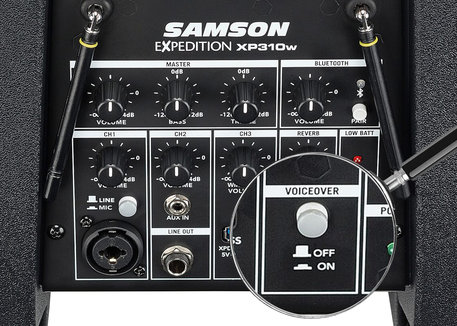 Voiceover button for ducking on the Samson Expedition XP310w.
