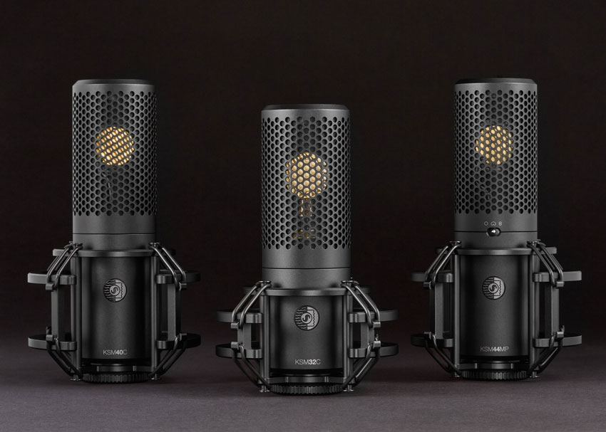 Shure KSM Studio Series mics with shockmounts: KSM40C, KSM32C, and KSM44MP