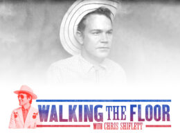 Vintage black and white portrait of a man in a wide-brimmed hat with Walking the Floor graphic.