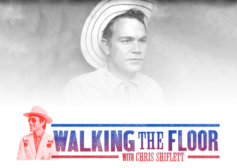 Vintage black and white portrait of a man in a wide-brimmed hat with Walking the Floor graphic.