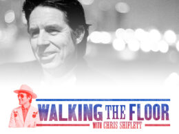 Black and white portrait of a man against blurred lights with Walking the Floor graphic.
