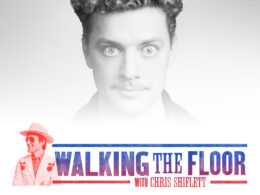 Vintage black and white portrait of a surprised-looking man with slicked hair and Walking the Floor graphic.