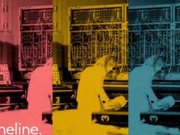 Triptych of colorized pop-art images showing technicians operating large electronic equipment.
