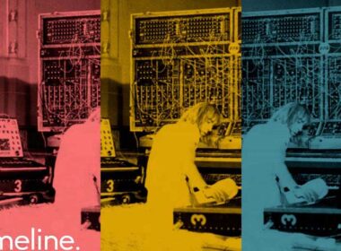 Triptych of colorized pop-art images showing technicians operating large electronic equipment.