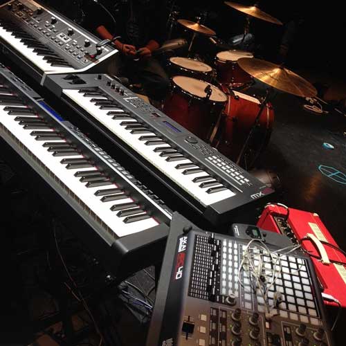 Spero's keyboard rig for Halsey: Yamaha CP4 stage piano, Yamaha MX49 synth, Moog Little Phatty synth, and Akai APC40 pad controller