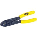 A Stanley wire crimper and stripper tool featuring yellow handles and black metal jaws.