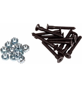 A cluster of silver hexagonal t-nuts and black mounting bolts displayed together.