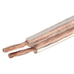 Two-conductor speaker wire with exposed copper strands and transparent plastic insulation.