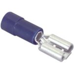 A blue plastic-sleeved female spade terminal connector for speaker wire connections.