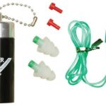 Vater earplug kit in black cylinder with green cord and foam pieces.