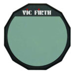 Octagonal Vic Firth practice pad with light green head and black rim.