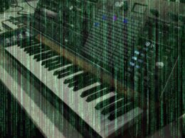 Arturia MatrixBrute synthesizer keyboard overlaid with green digital code matrix pattern effect.