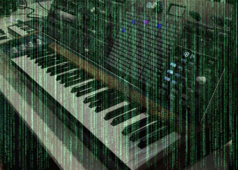 Arturia MatrixBrute synthesizer keyboard overlaid with green digital code matrix pattern effect.