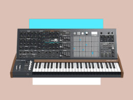 The Arturia MatrixBrute synthesizer displays its keyboard, sequencer grid, and control panels.