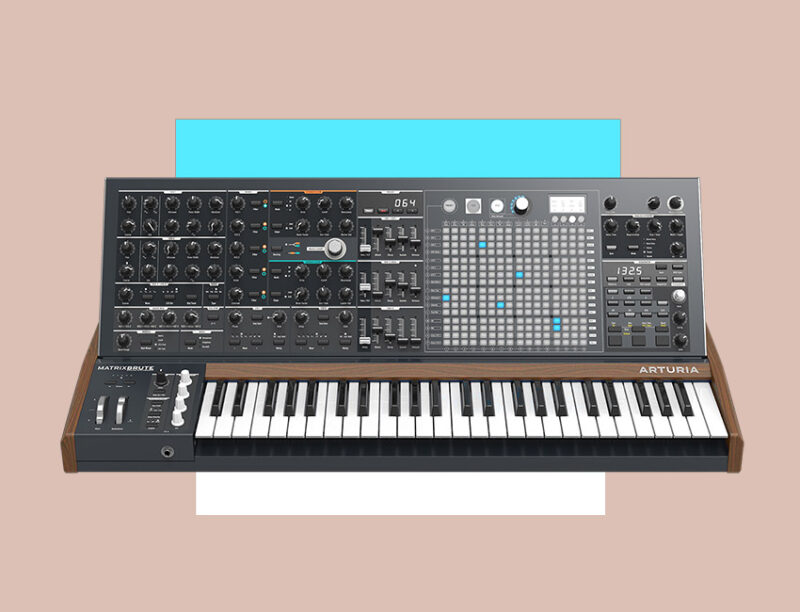 The Arturia MatrixBrute synthesizer displays its keyboard, sequencer grid, and control panels.