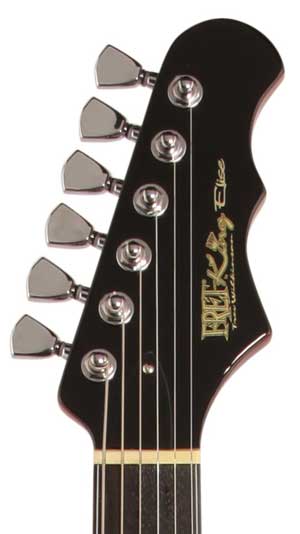 The Fret-King Elise headstock features six-in-line tuners and straight string pull.