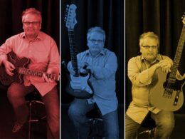 Three panels show a guitarist under red, blue, and yellow stage lighting.