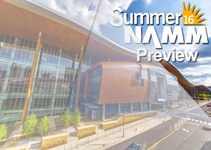 Summer NAMM 2016 Preview text overlays a modern convention center building.