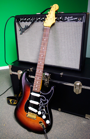 Our trusty gear for this video included the Fender SRV Strat and a Deluxe Reverb amp.