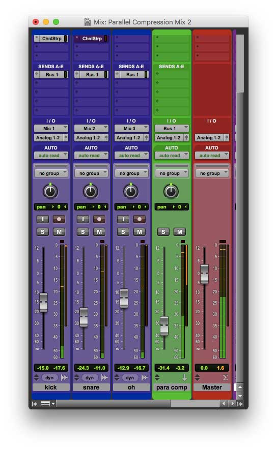 The three drum tracks bussed to the parallel compression track