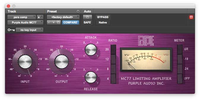 Purple Audio MC77. Slamming the input of this compressor creates a squashed signal you can use to parallel compress.