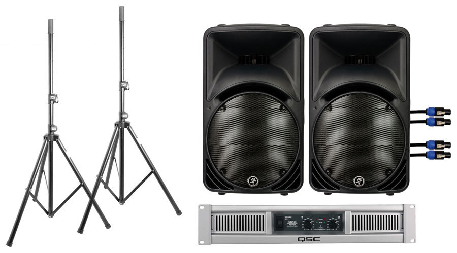 A pair of Mackie speakers matched with a QSC power amp (plus cables and stands!) from zZounds
