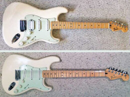 Two white Fender Stratocaster guitars photographed from above demonstrate the guitar before and after pickguard installation.