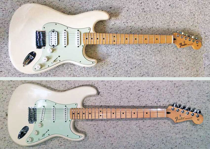 Two white Fender Stratocaster guitars photographed from above demonstrate the guitar before and after pickguard installation.