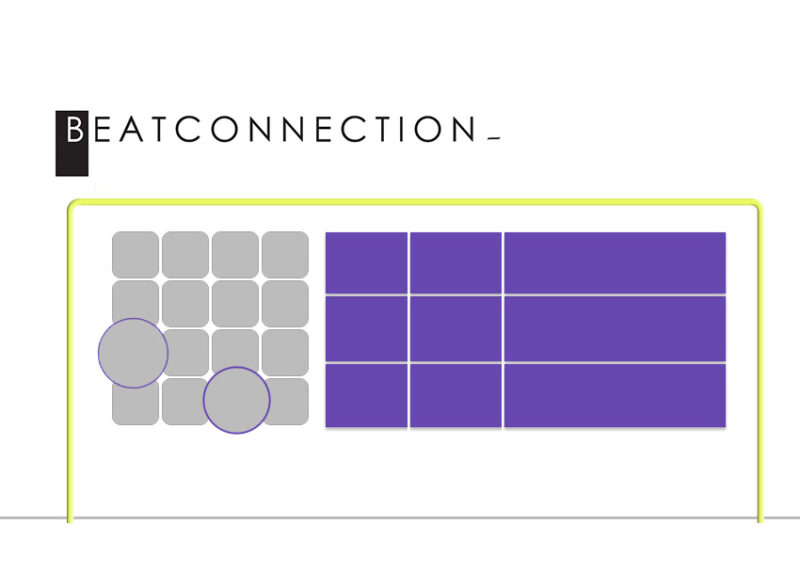 Ableton Live drum rack interface showing gray pads on left and purple instrument channels on right.