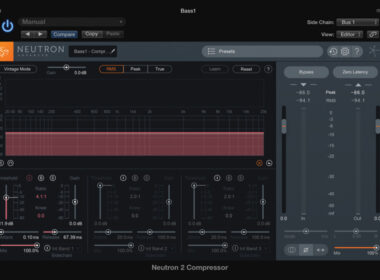 A screenshot shows iZotope Neutron compressor plugin interface in audio software.