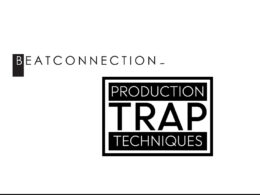 A graphic displays text reading Beatconnection Production Trap Techniques in black and white.