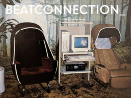 Retro aesthetic image featuring two armchairs and vintage computer equipment in a forest.
