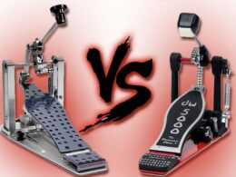 Chain drive and direct drive drum pedals facing off on a pink background.