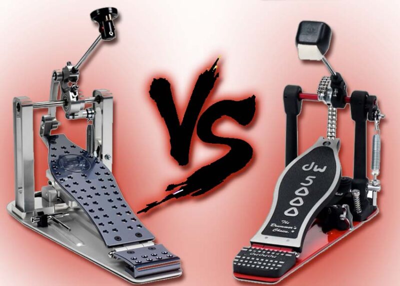 Chain drive and direct drive drum pedals facing off on a pink background.