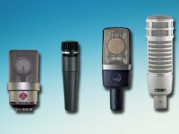 Four microphone types are displayed against a blue background for comparison.