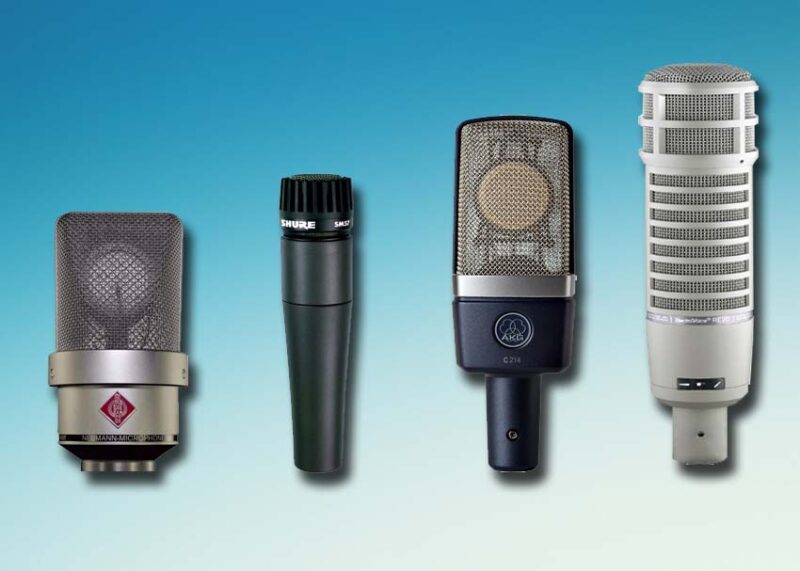 Four microphone types are displayed against a blue background for comparison.