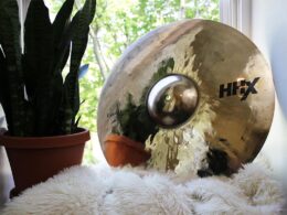 An HHX cymbal rests against a potted plant by a window.