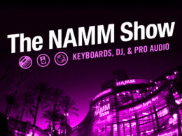 Magenta neon lights highlight keyboards, DJ, and pro audio at The NAMM Show.