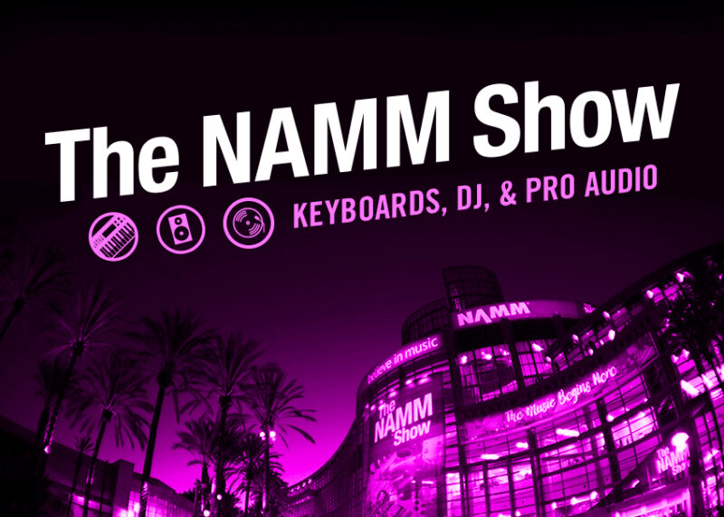 Magenta neon lights highlight keyboards, DJ, and pro audio at The NAMM Show.