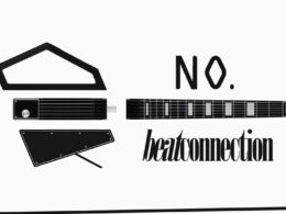 Black minimalist headless MIDI guitar controller shown in multiple views alongside stylized text reading "No. beatconnection.".