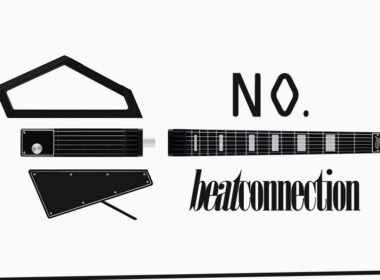 Black minimalist headless MIDI guitar controller shown in multiple views alongside stylized text reading "No. beatconnection.".