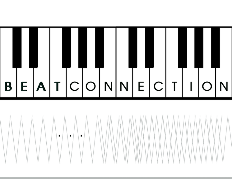 Piano keyboard displaying 'Beat Connection' letters above an audio waveform.