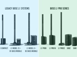 Bose speaker comparison showing three legacy L1 models on the left and five L1 Pro series on the right.