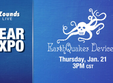 zZounds LIVE Gear Expo banner with octopus logo for EarthQuaker Devices, Thursday January 21 at 3PM CST on blue background.