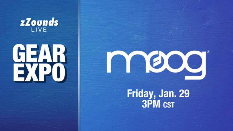 zZounds Gear Expo promotional banner featuring Moog synthesizers scheduled for Friday, January 29 at 3 PM CST.